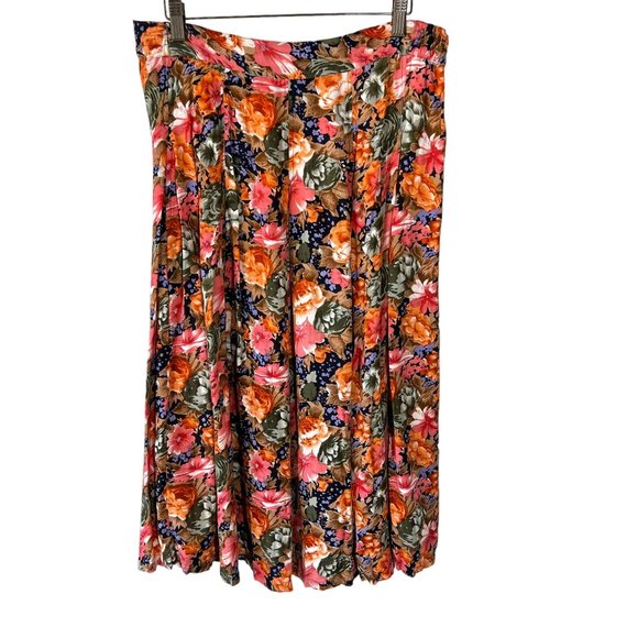 Vintage Dresses & Skirts - Vintage 90s Multicolor Floral Pull On Flowy Knee Length Skirt Large
